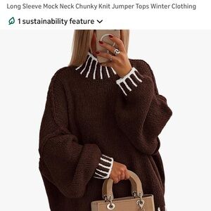 Cozy Brown Knit Turtleneck Sweater with White Accents
